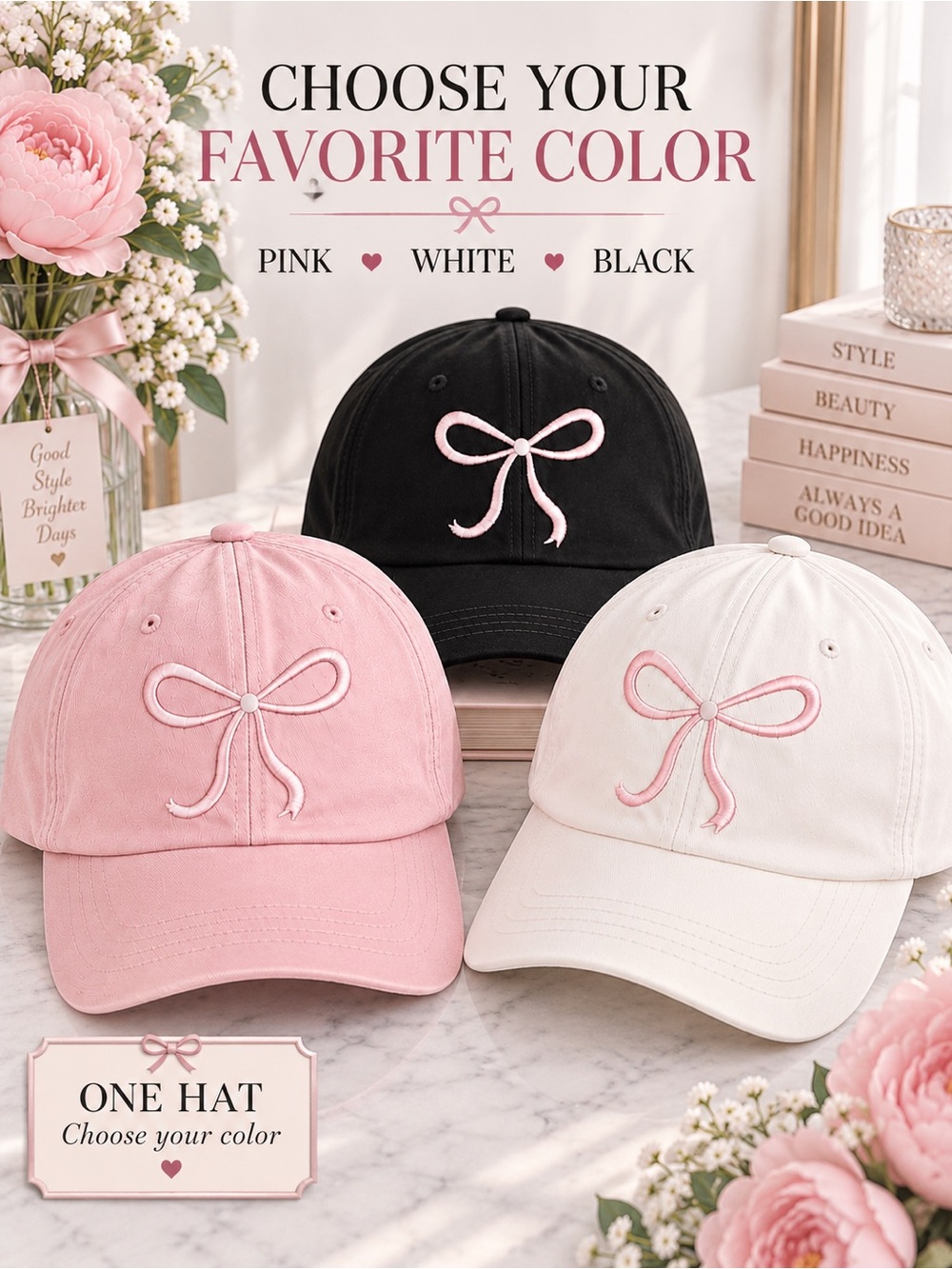 ๐Bow Baseball Cap Adjustable Pink, White, or Black- Choose 1๏ธโฃ
